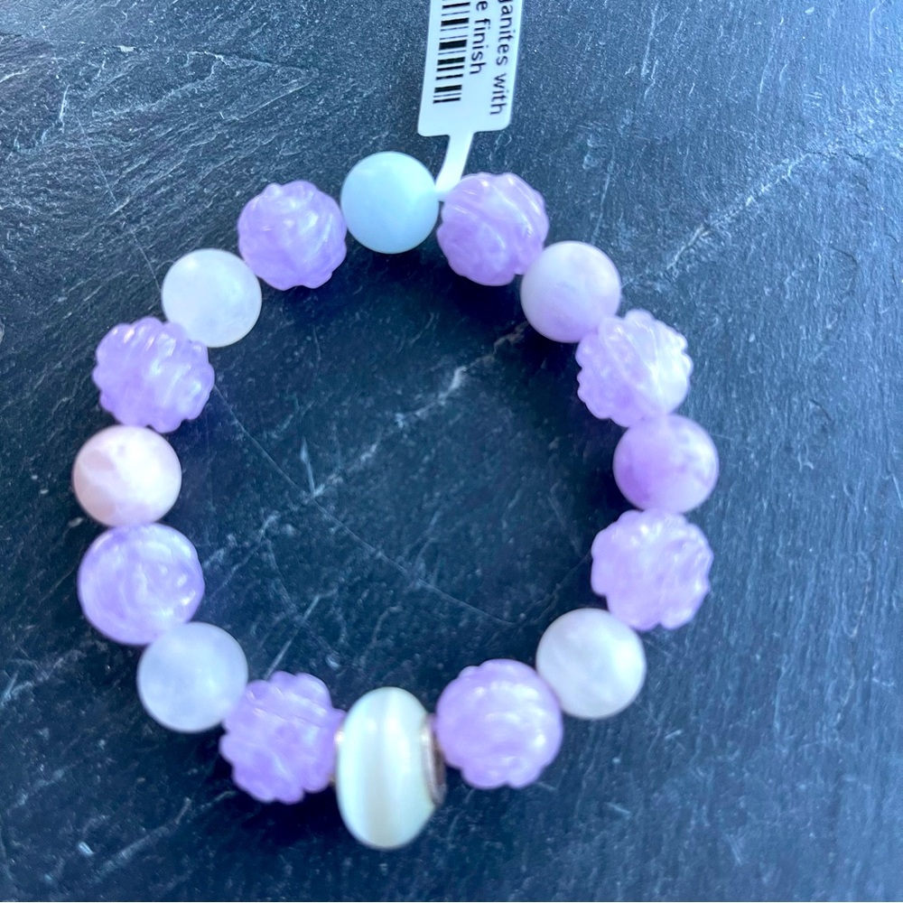 Carved Amethyst,Pastel Morganite & White Beaded Bracelet 6-6.5” long.